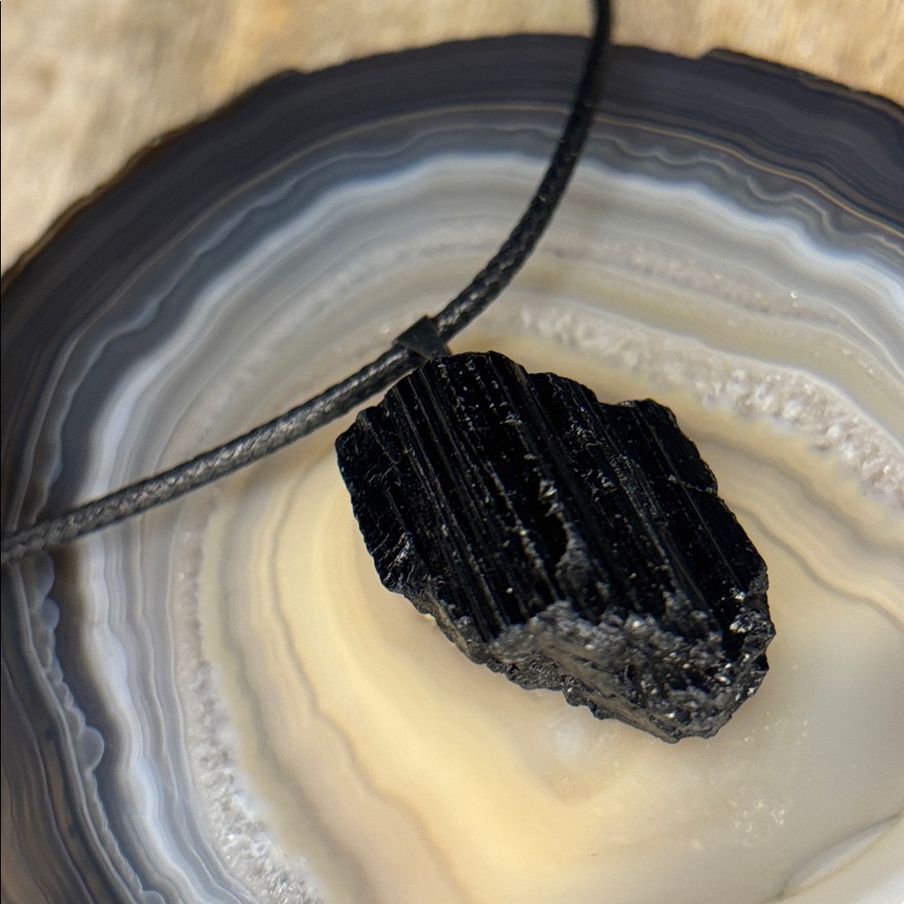 Raw Black Tourmaline Chunk Pendant On Black Cord Necklace
